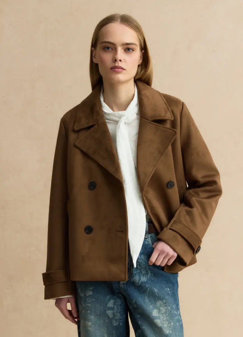 Peacoat Doppiopetto Marrone Con Tasche Effetto Camoscio Regular Fit, Donna, Marrone miniatura 3