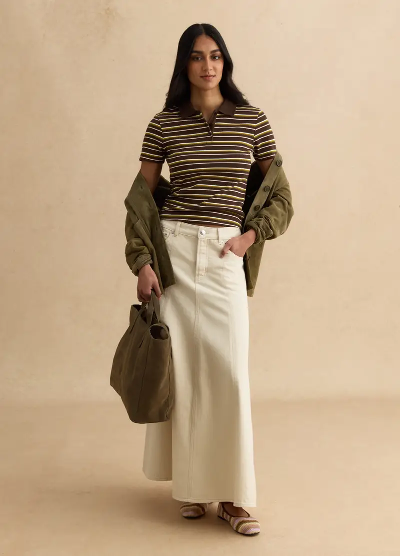 Polo Marrone A Righe Multicolor In Cotone Elasticizzato, Donna, Marrone miniatura 2