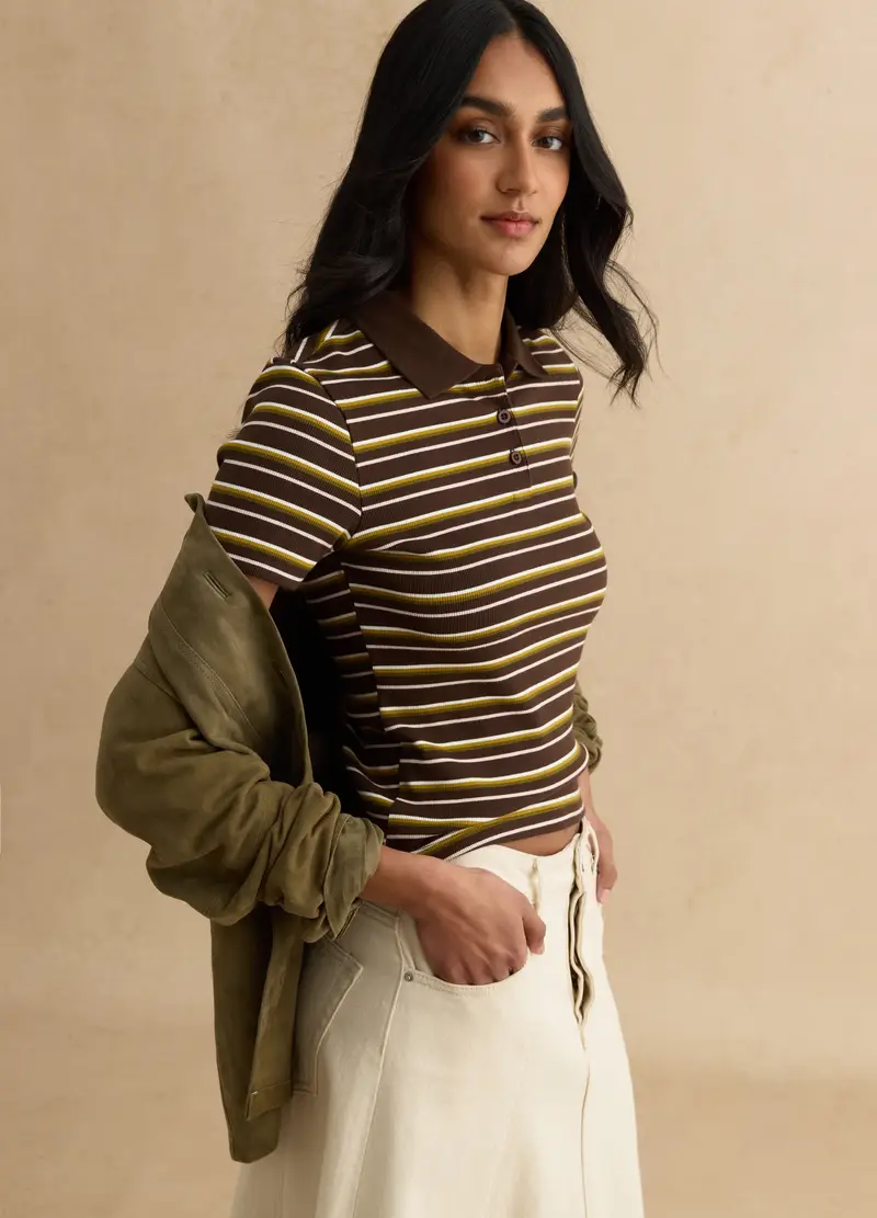 Polo Marrone A Righe Multicolor In Cotone Elasticizzato, Donna, Marrone