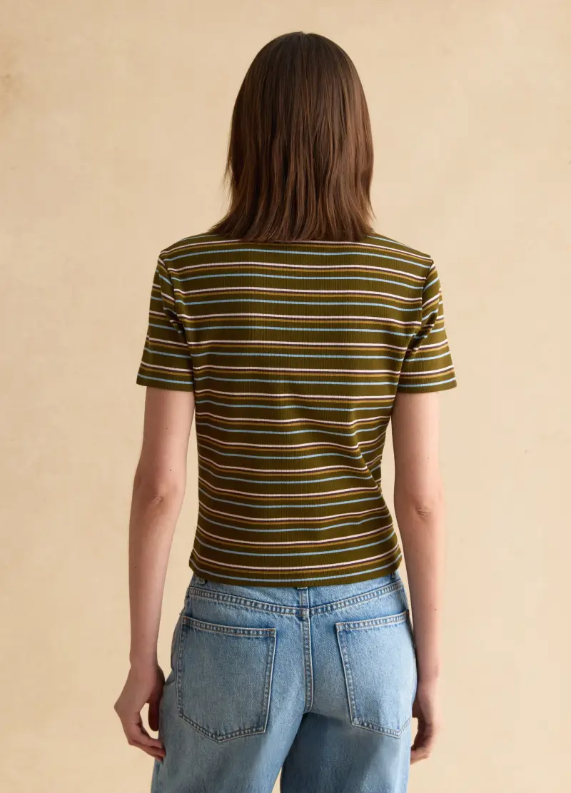 Polo Verde A Righe Multicolor A Righe In Cotone Elasticizzato, Donna, Verde miniatura 3