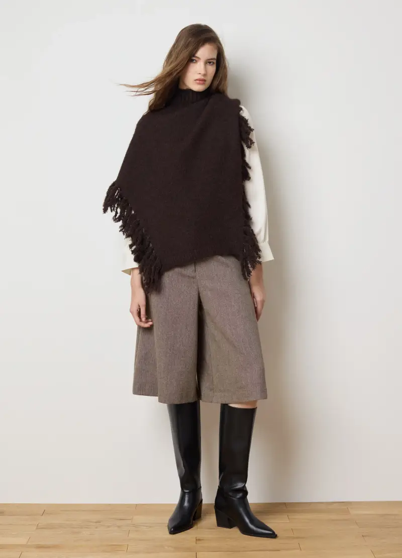 Poncho Con Frange Marrone, Donna, Marrone miniatura 2