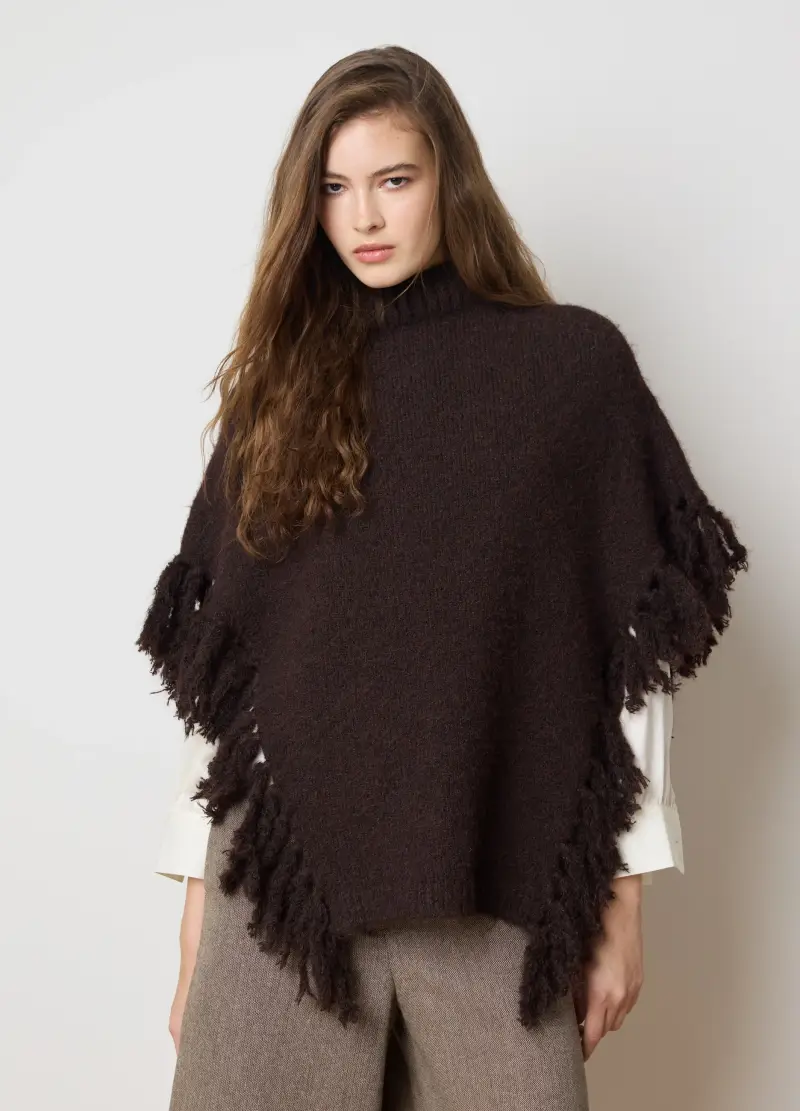 Poncho Con Frange Marrone, Donna, Marrone miniatura 3