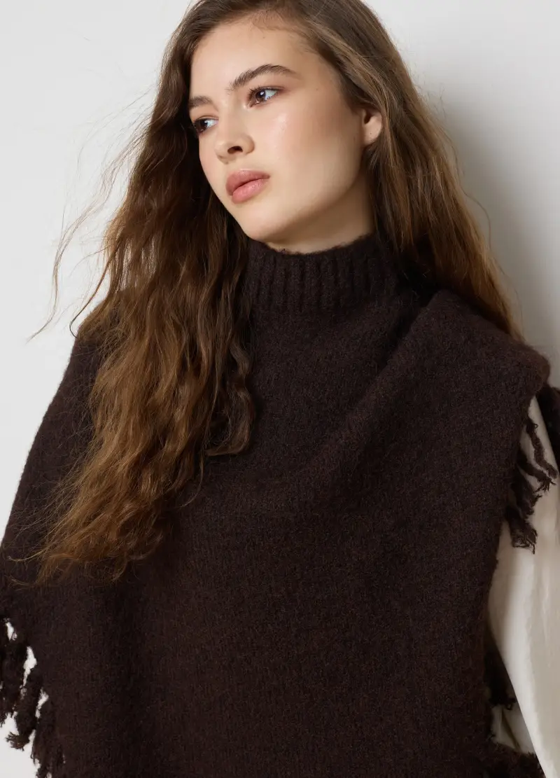 Poncho Con Frange Marrone, Donna, Marrone