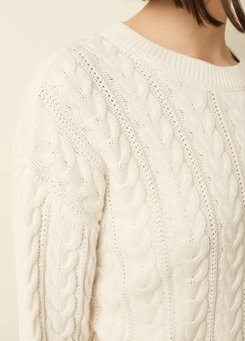 Pullover A Trecce Con Scollo Rotondo, Donna, Bianco miniatura 3