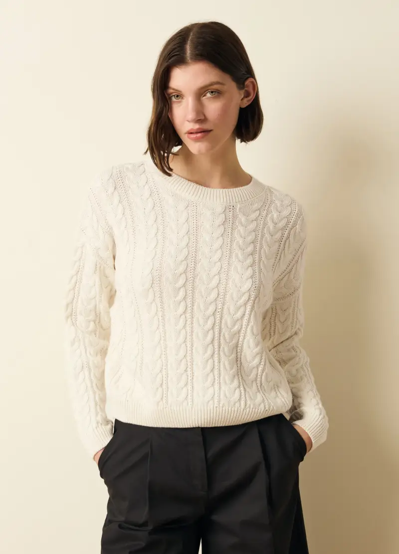 Pullover A Trecce Con Scollo Rotondo, Donna, Bianco
