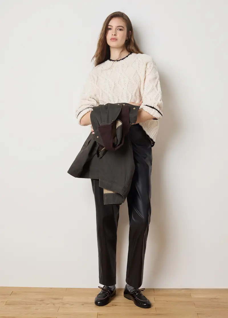 Pullover Beige Con Dettagli Neri In Misto Lana, Donna, Multicolor miniatura 2