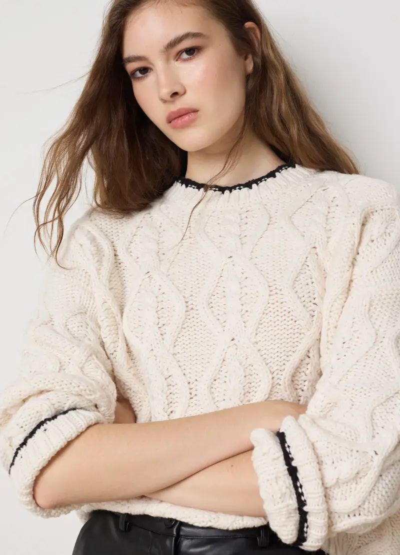 Pullover Beige Con Dettagli Neri In Misto Lana, Donna, Multicolor