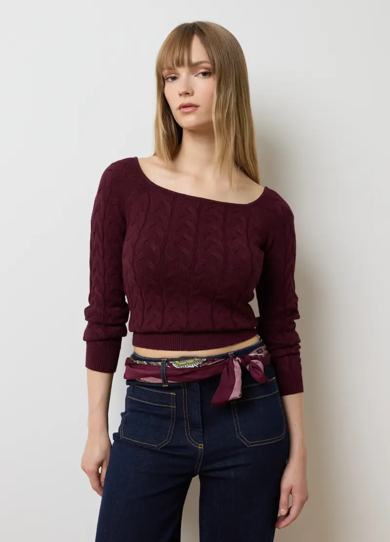 Pullover Bordeaux Con Scollatura Ampia A Barca In Misto Viscosa, Donna, Rosso miniatura 3