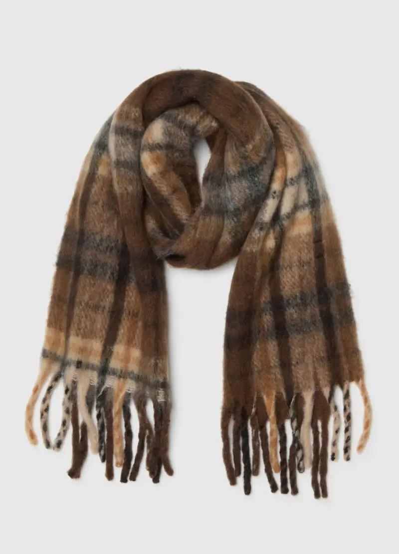 Sciarpa In Misto Lana Marrone Con Frange, Donna, Marrone