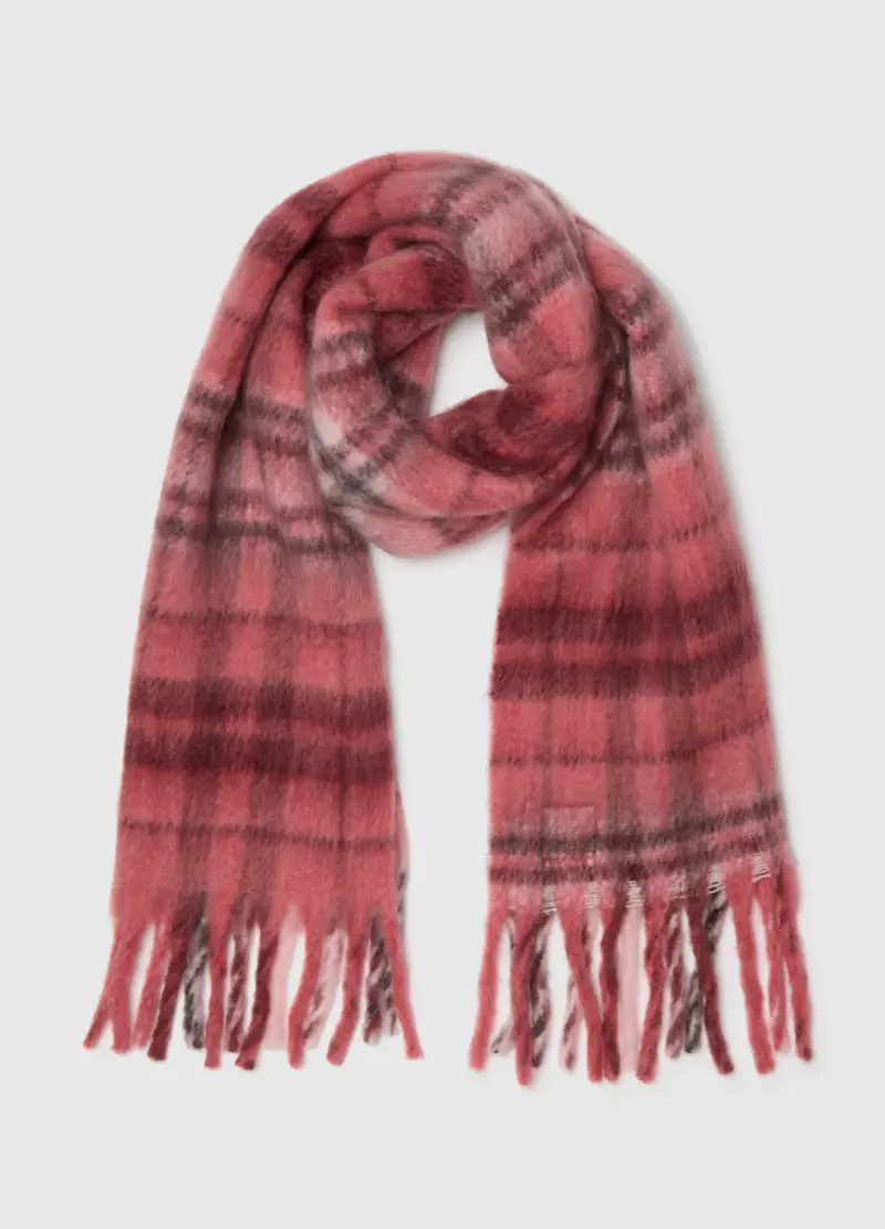 Sciarpa In Misto Lana Multicolor A Quadri Con Frange, Donna, Multicolor