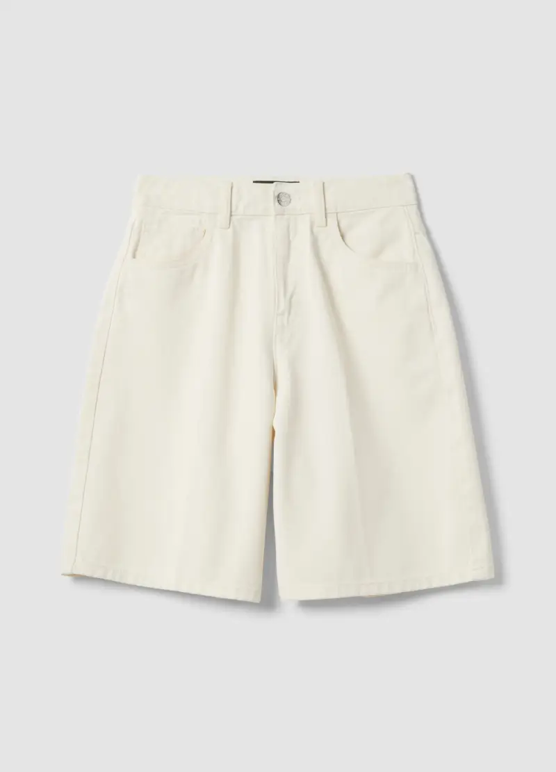 Shorts In Puro Cotone Denim Bianco Wide Leg, Donna, Bianco