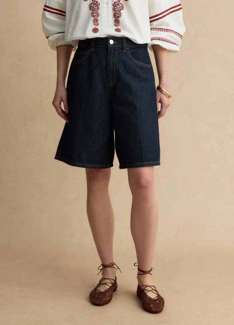 Shorts In Puro Cotone Denim Blu Wide Leg, Donna, Denim miniatura 2