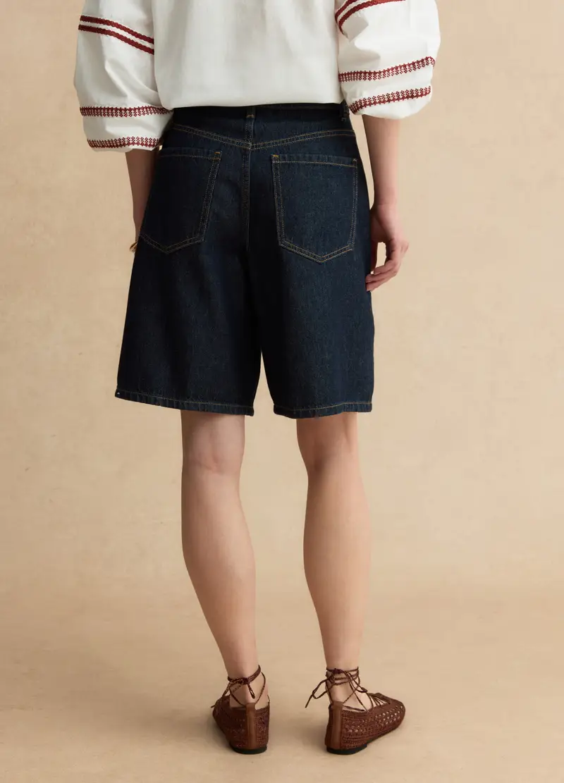 Shorts In Puro Cotone Denim Blu Wide Leg, Donna, Denim miniatura 3