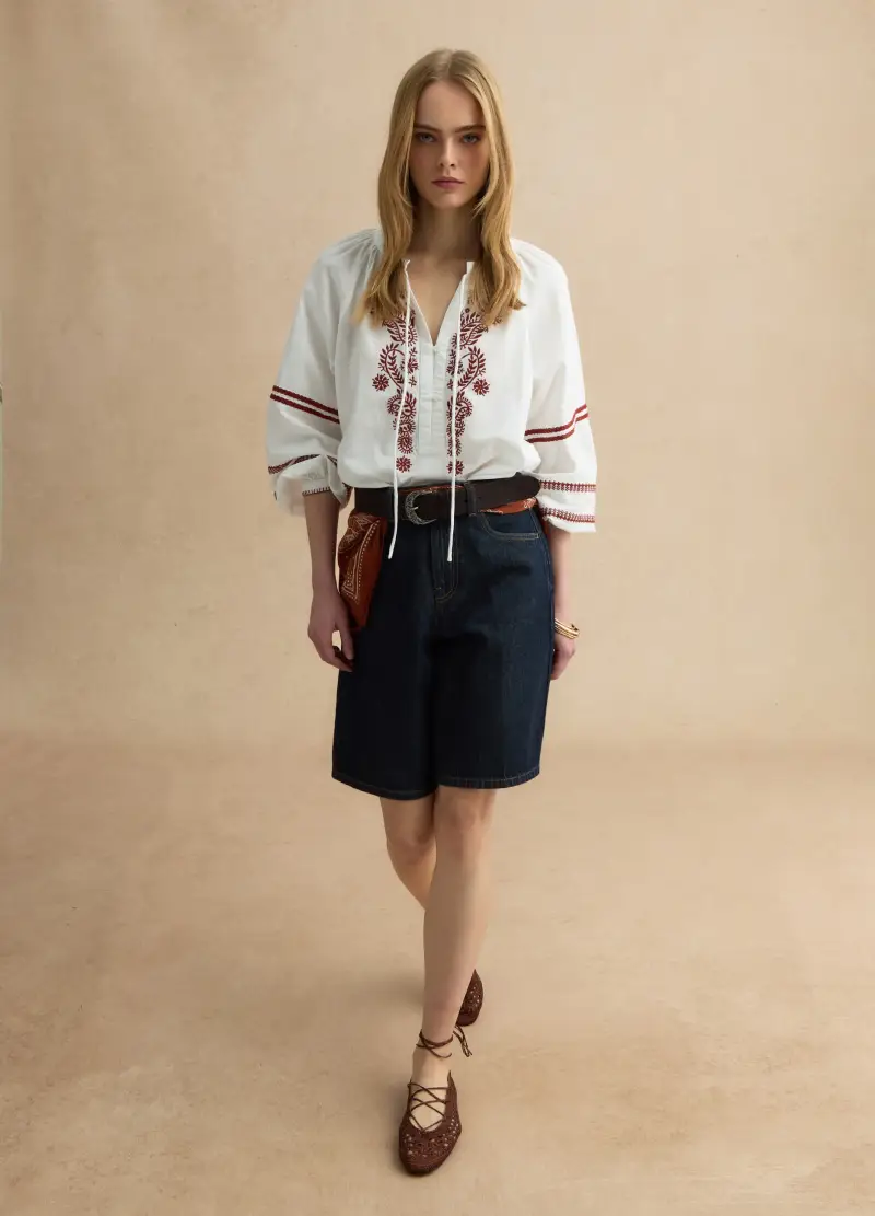 Shorts In Puro Cotone Denim Blu Wide Leg, Donna, Denim