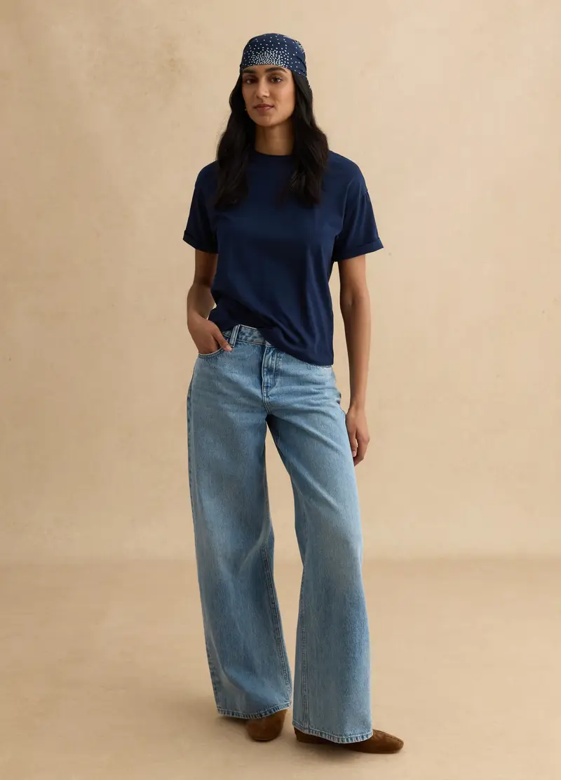 T-shirt Blu A Maniche Corte In Cotone E Modal Elasticizzato, Donna, Blu miniatura 2