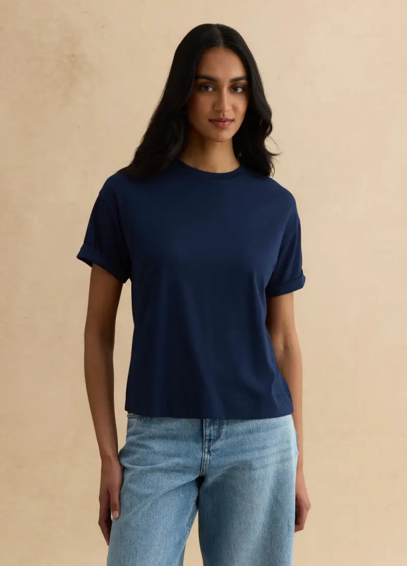 T-shirt Blu A Maniche Corte In Cotone E Modal Elasticizzato, Donna, Blu miniatura 3