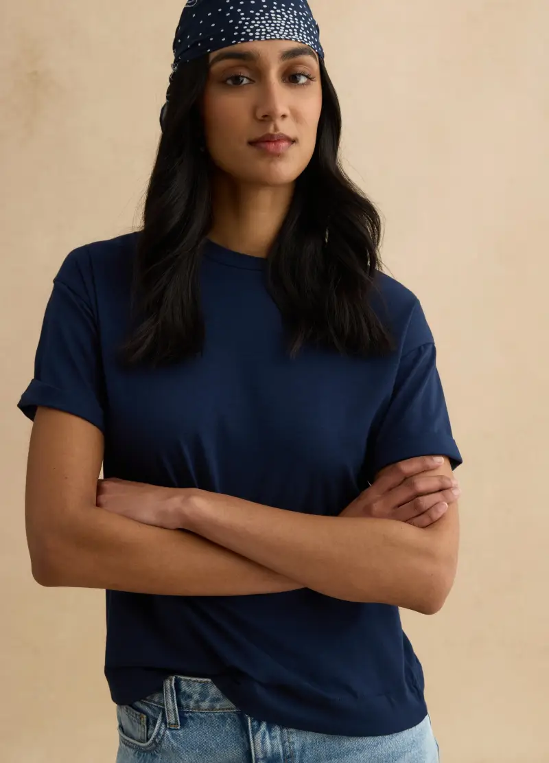 T-shirt Blu A Maniche Corte In Cotone E Modal Elasticizzato, Donna, Blu