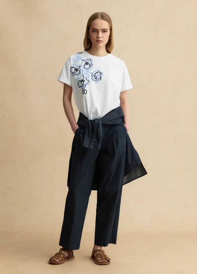 T-shirt In Misto Cotone Bianca Regular Fit Con Ricamo Floreale, Donna, Bianco miniatura 2