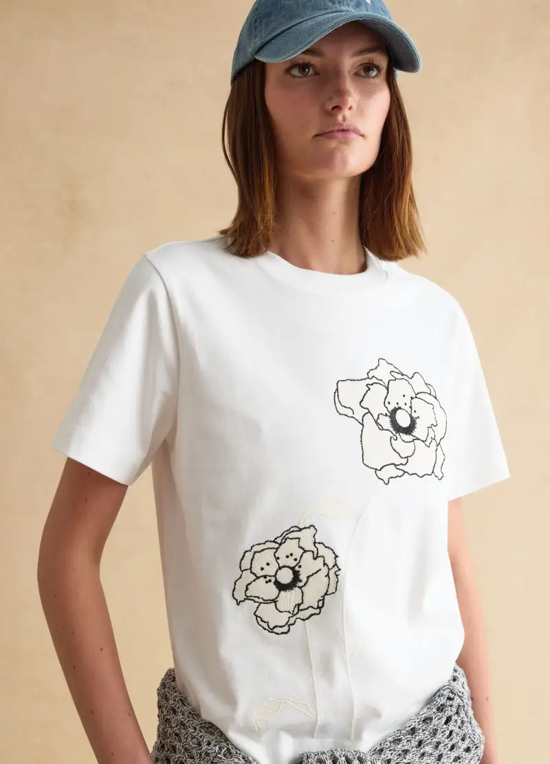 T-shirt In Puro Cotone Bianca Regular Fit Con Fiori, Donna, Bianco