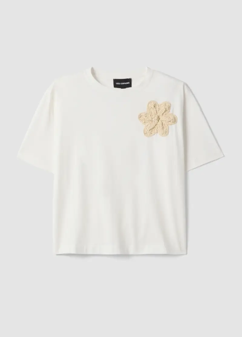 T-shirt In Puro Cotone Bianco Regular Fit Con Applicazione Floreale In Crochet, Donna, Bianco
