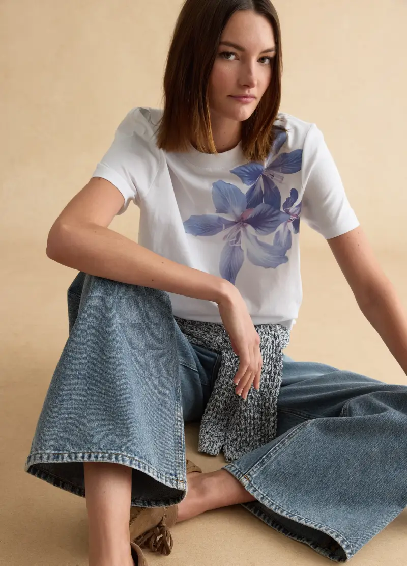 T-shirt In Puro Cotone Bianco Regular Fit Con Stampa Floreale, Donna, Multicolor