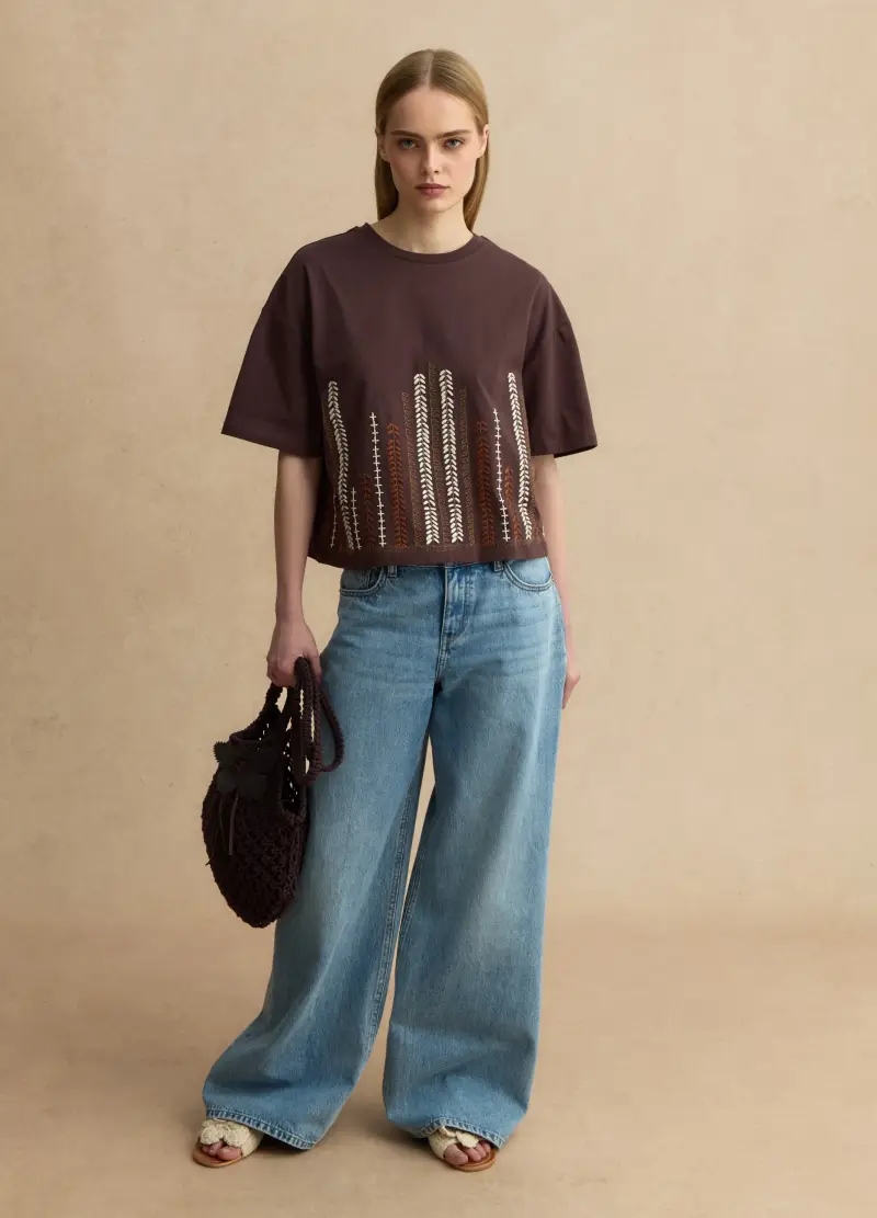 T-shirt In Puro Cotone Marrone Regular Fit Con Ricami, Donna, Marrone miniatura 2