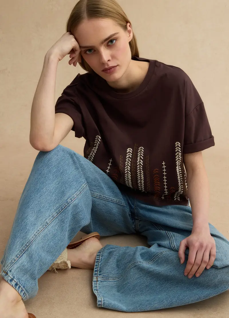 T-shirt In Puro Cotone Marrone Regular Fit Con Ricami, Donna, Marrone