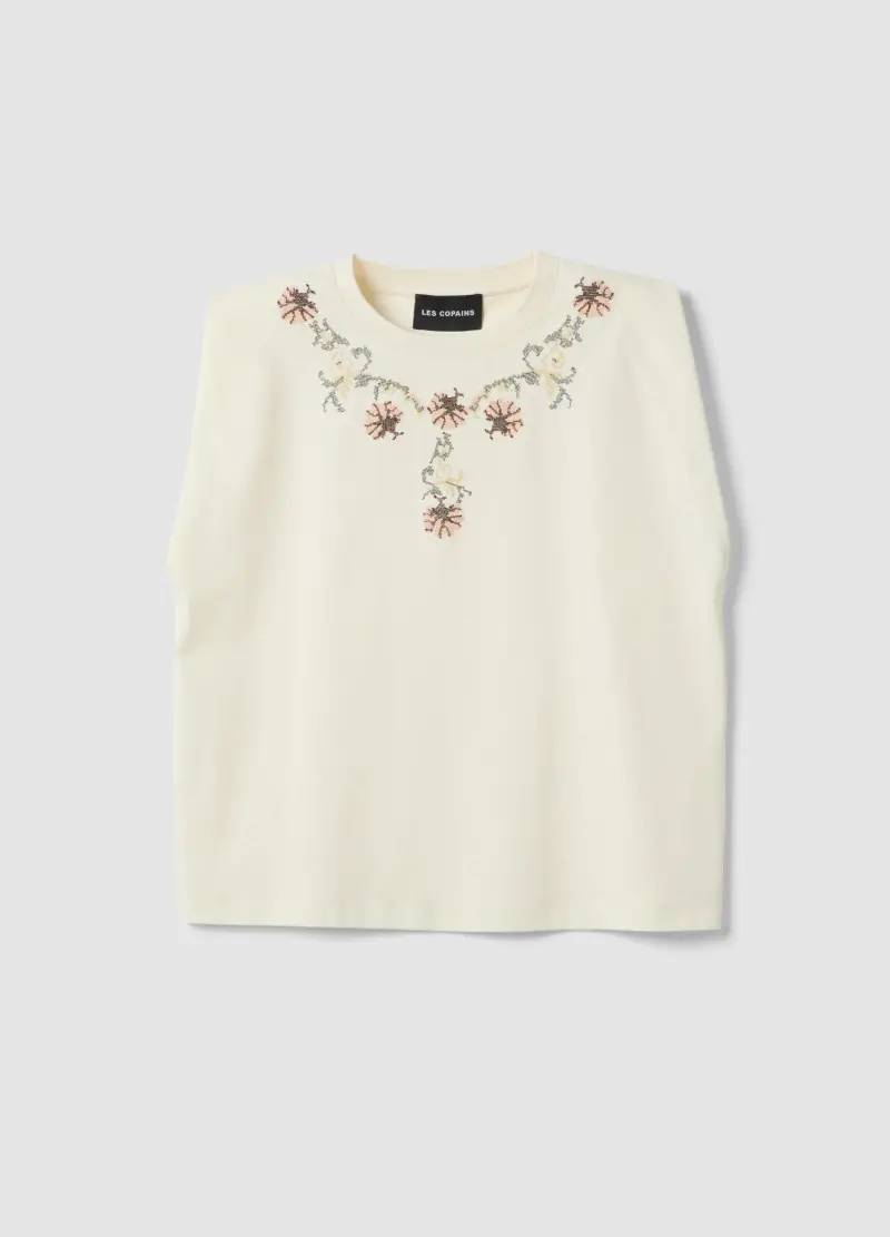 T-shirt Senza Maniche In Misto Cotone Bianca Regular Fit Con Ricami, Donna, Bianco