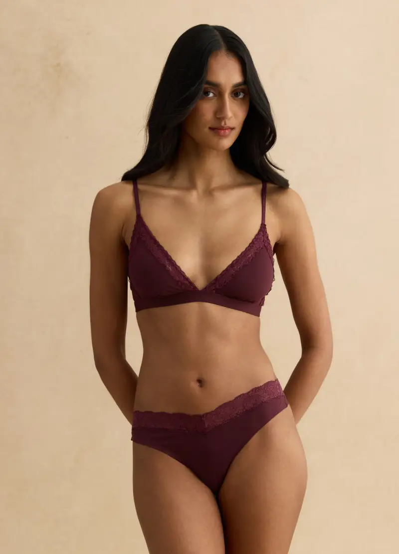 Tanga Bordeaux In Tessuto Elasticizzato Con Dettagli In Pizzo, Donna, Rosso