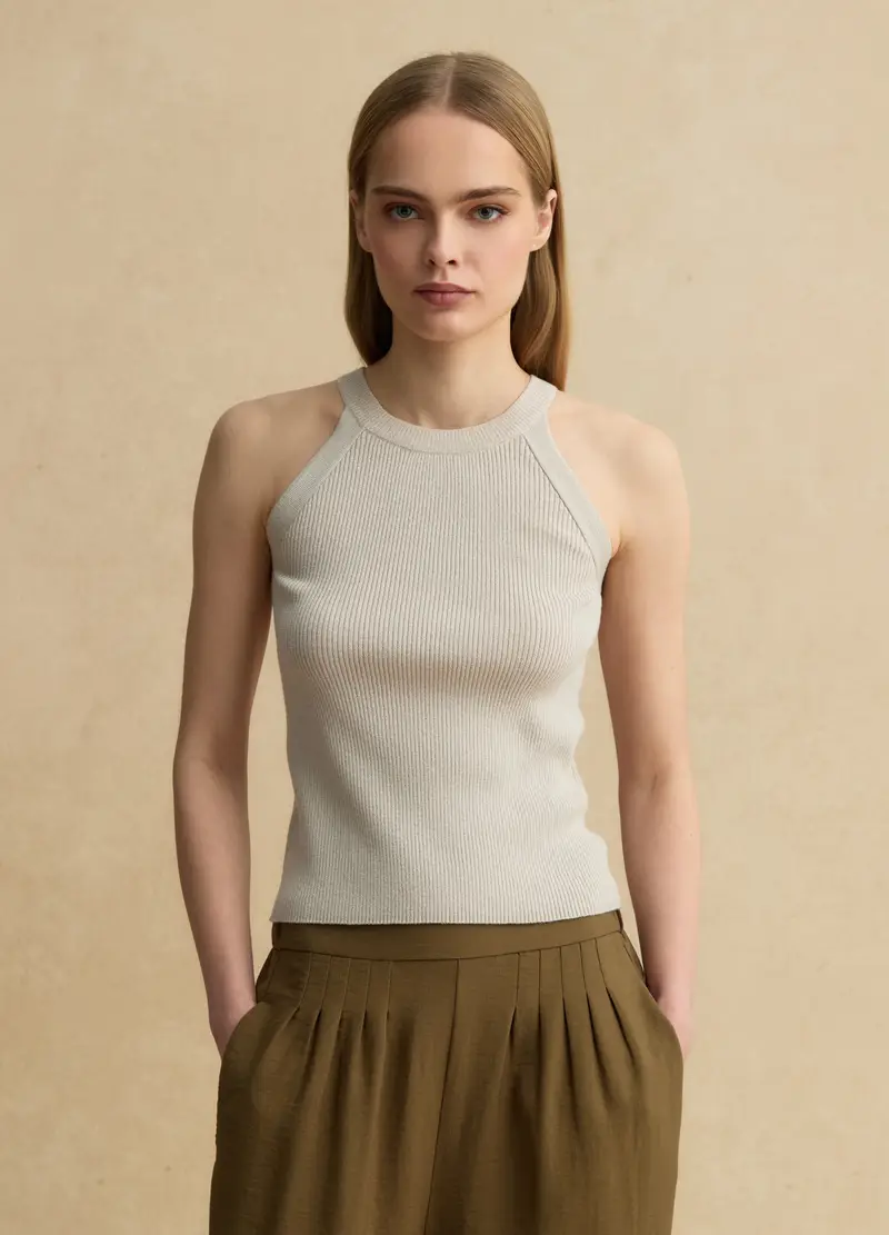 Tank Top Fitted In Misto Viscosa Beige, Donna, Beige miniatura 3