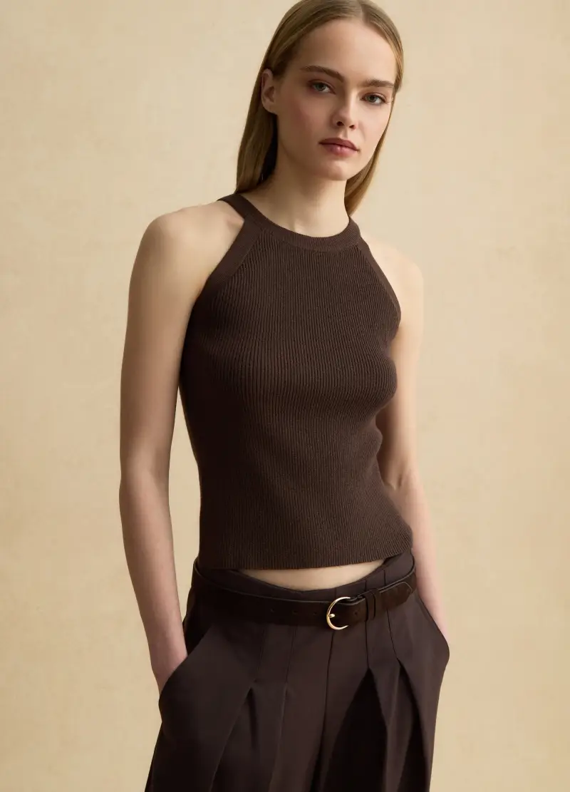 Tank Top Fitted In Misto Viscosa Marrone, Donna, Marrone