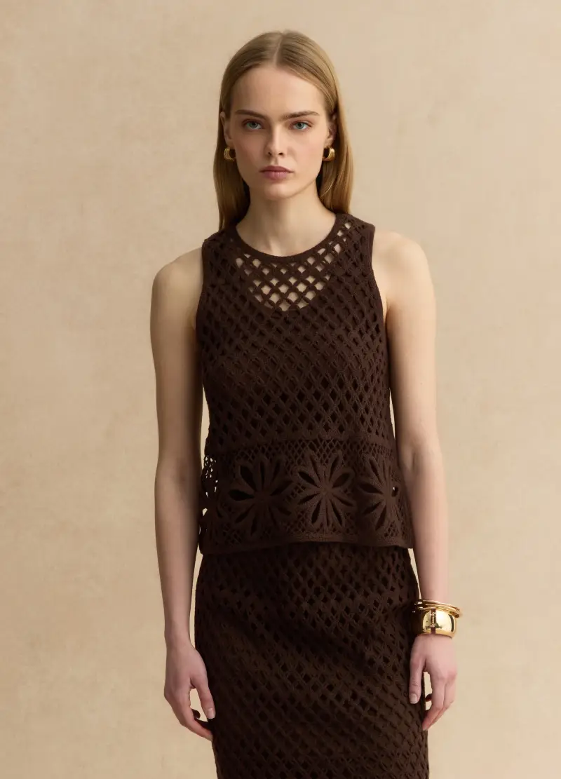 Tank Top In Misto Cotone Marrone Regular Fit Con Design A Rete, Donna, Marrone miniatura 2