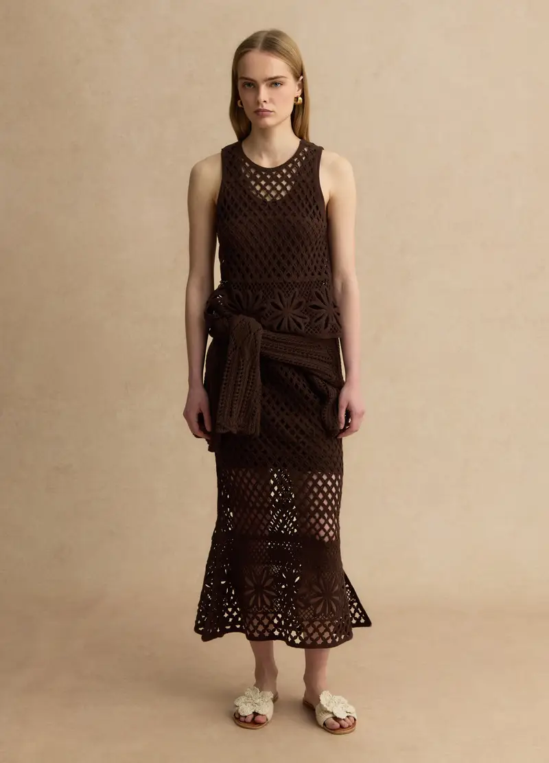 Tank Top In Misto Cotone Marrone Regular Fit Con Design A Rete, Donna, Marrone miniatura 3