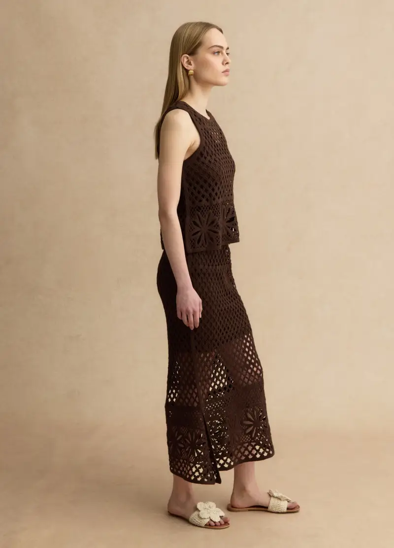 Tank Top In Misto Cotone Marrone Regular Fit Con Design A Rete, Donna, Marrone