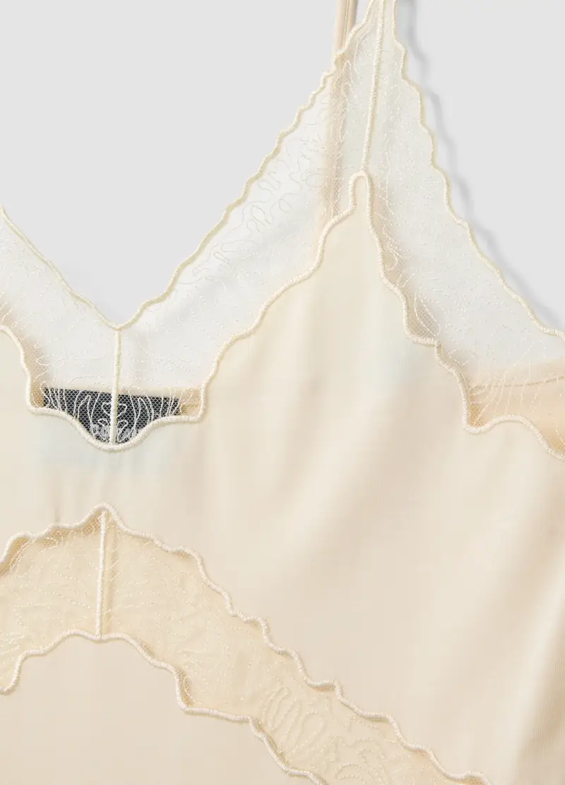 Tank Top In Misto Viscosa Beige Regular Fit Con Dettagli Trasparenti, Donna, Beige miniatura 3