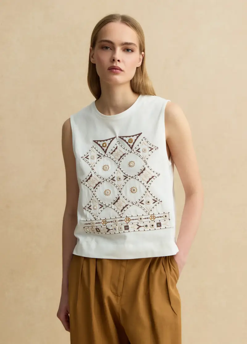 Tank Top In Puro Cotone Bianco Regular Fit Con Ricami, Donna, Bianco miniatura 2