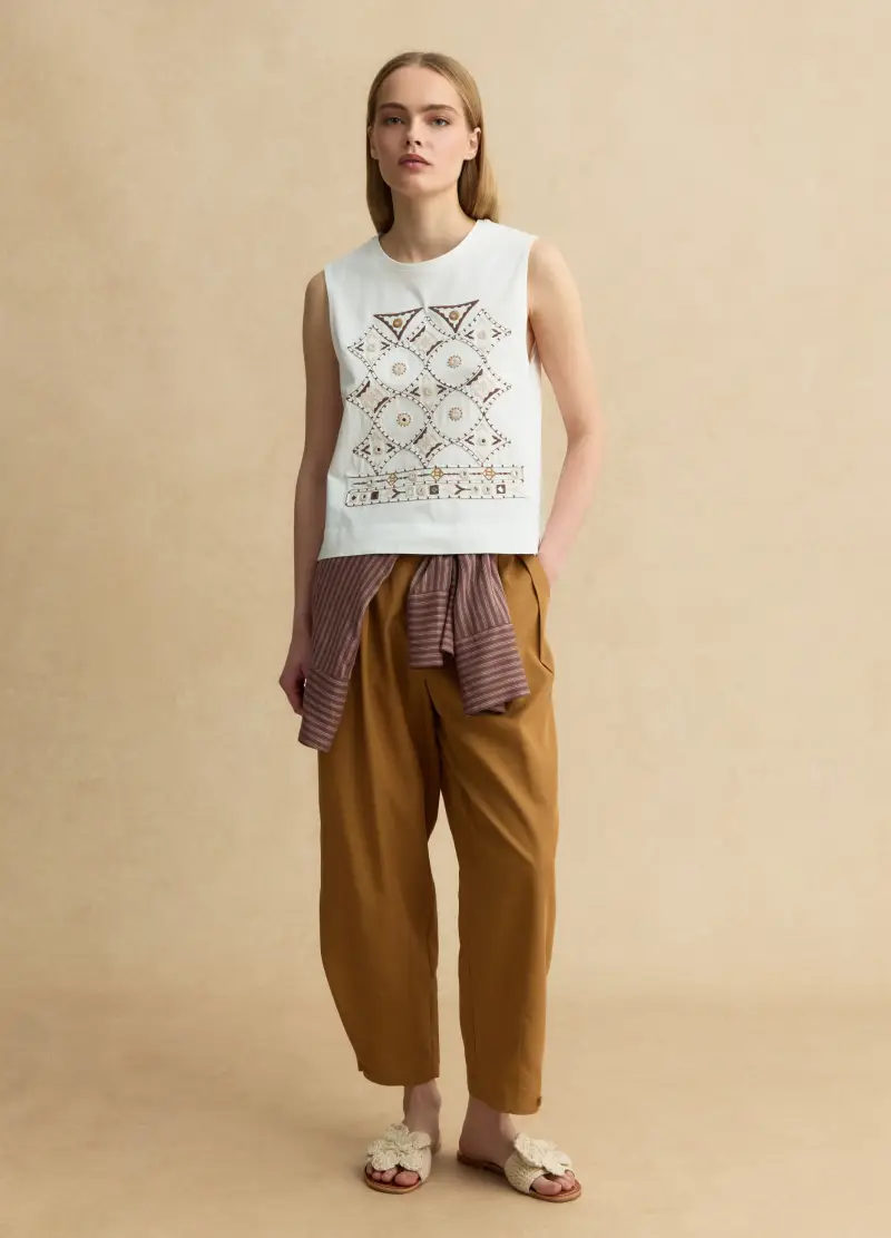 Tank Top In Puro Cotone Bianco Regular Fit Con Ricami, Donna, Bianco