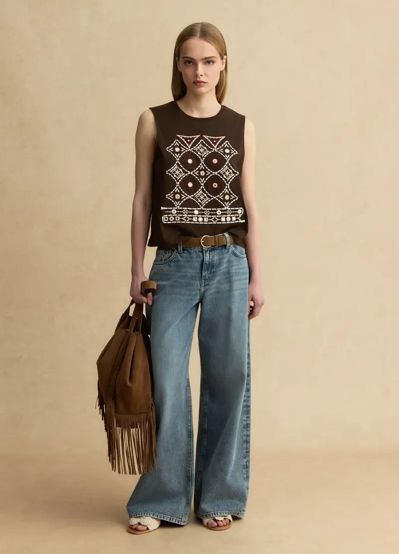 Tank Top In Puro Cotone Marrone Regular Fit Con Ricami, Donna, Marrone miniatura 2