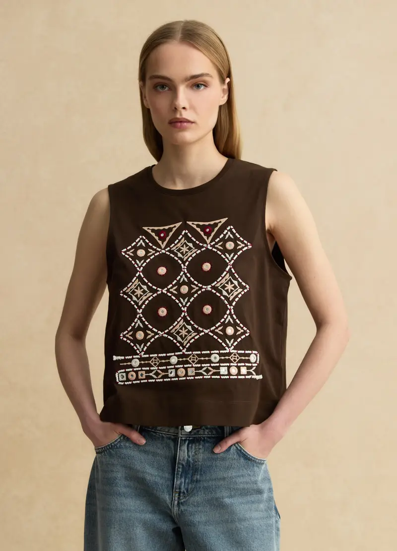 Tank Top In Puro Cotone Marrone Regular Fit Con Ricami, Donna, Marrone miniatura 3