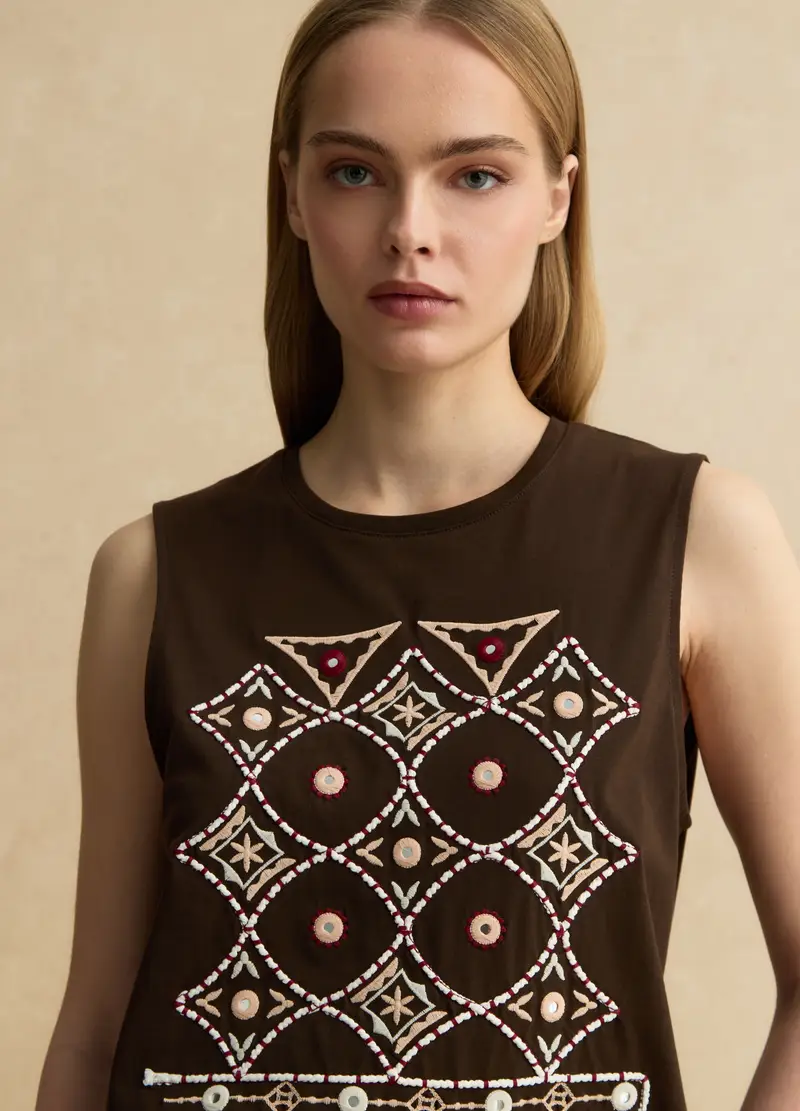 Tank Top In Puro Cotone Marrone Regular Fit Con Ricami, Donna, Marrone