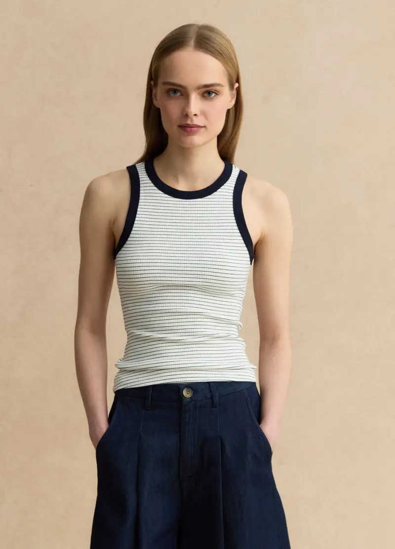 Tank Top In Viscosa Elasticizzata Bianca Regular Fit Con Dettagli Blu, Donna, Multicolor miniatura 3