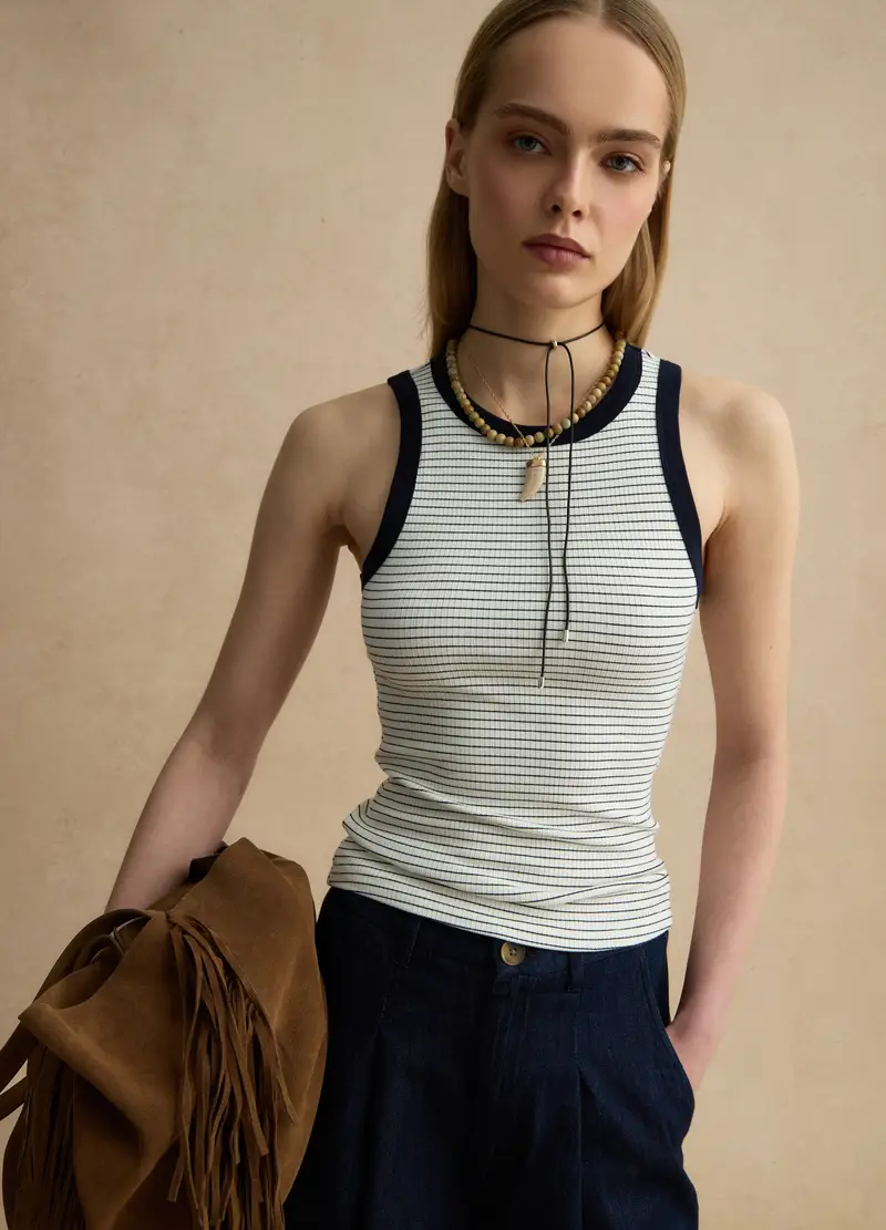 Tank Top In Viscosa Elasticizzata Bianca Regular Fit Con Dettagli Blu, Donna, Multicolor