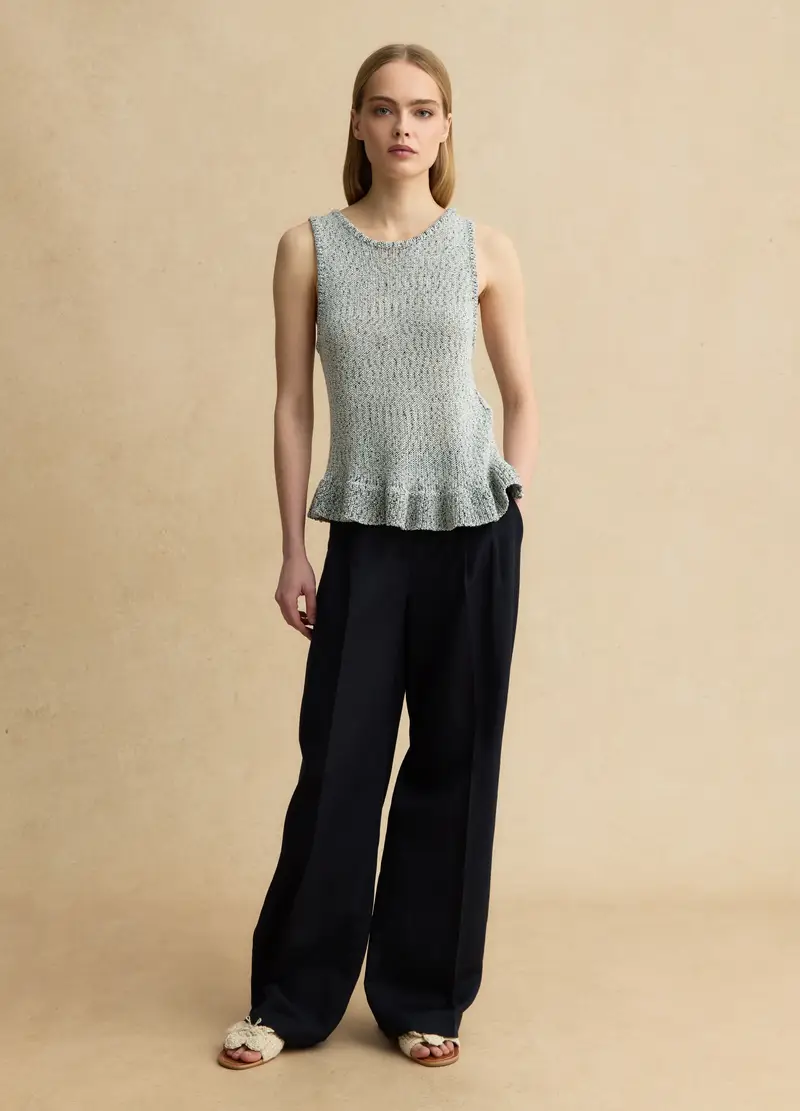 Top In Tricot Bianco E Nero Regular Fit Con Volant, Donna, Multicolor miniatura 2