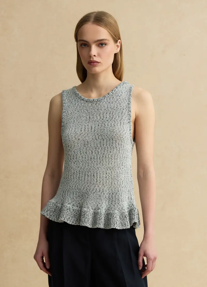 Top In Tricot Bianco E Nero Regular Fit Con Volant, Donna, Multicolor miniatura 3