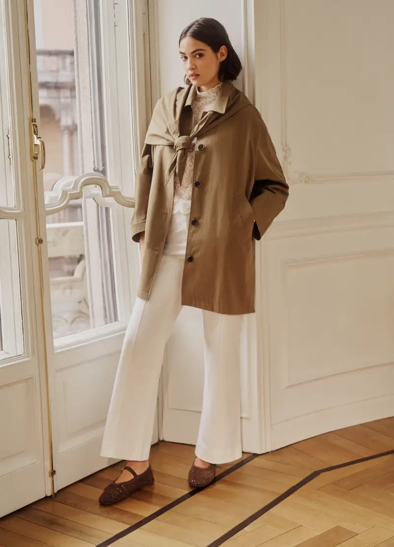 Trench Con Mantella Removibile Verde In Puro Cotone, Donna, Marrone