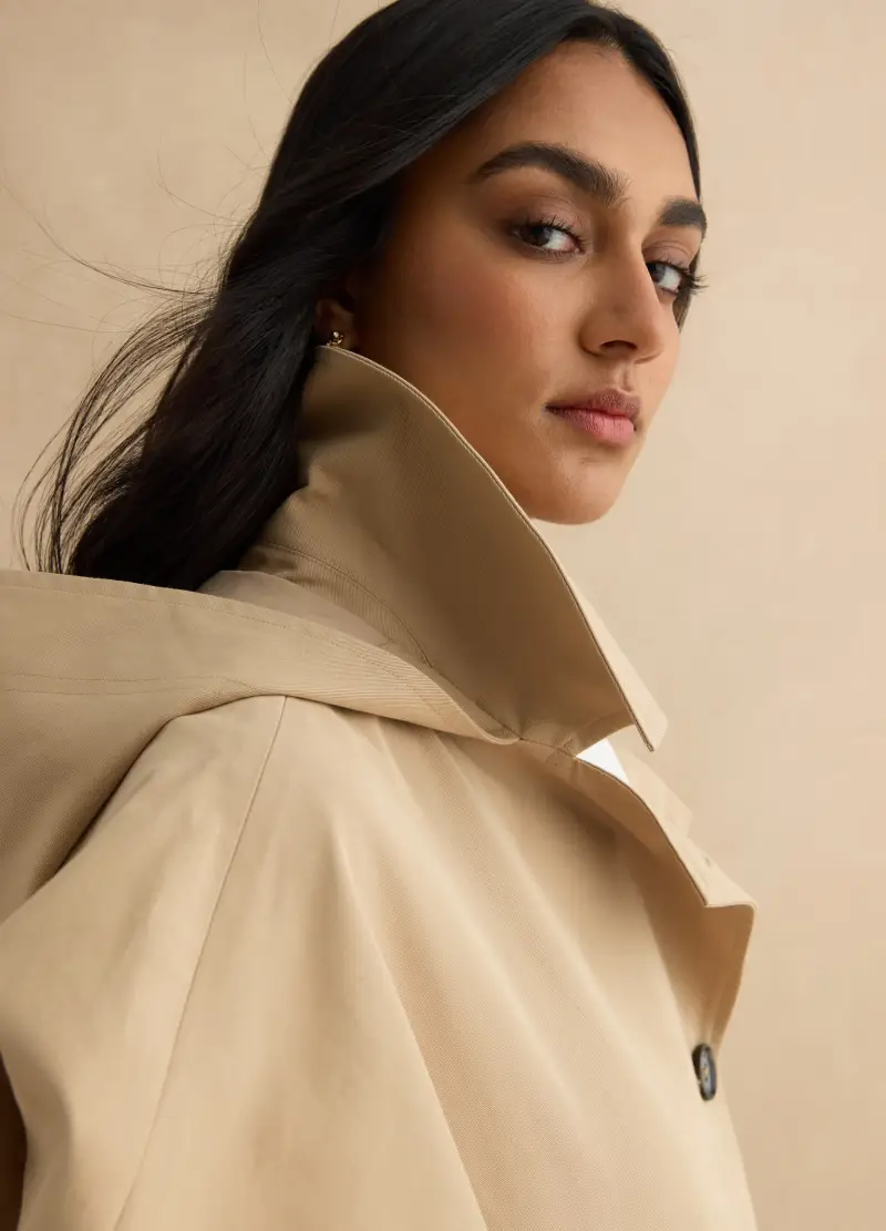 Trench Corto In Misto Cotone Beige Regular Fit Con Cappuccio, Donna, Beige