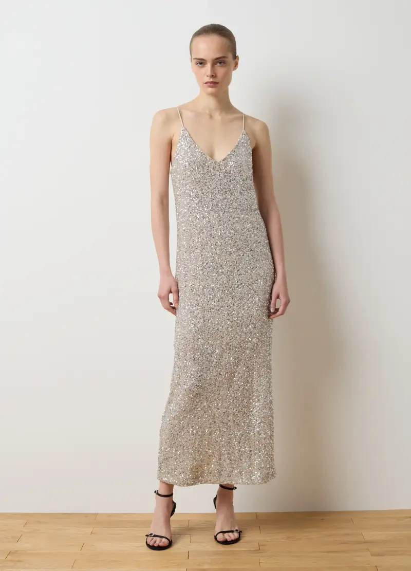 Vestito A Tubino Beige Con Paillettes, Donna, Beige miniatura 2