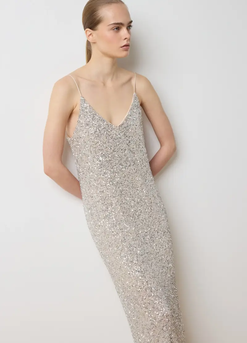 Vestito A Tubino Beige Con Paillettes, Donna, Beige