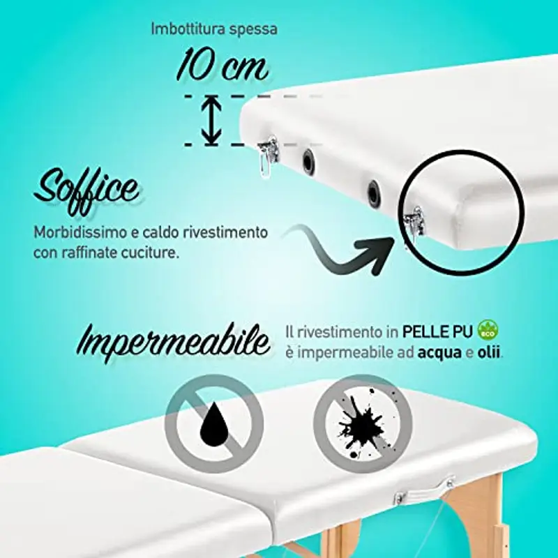 Lettino Massaggio Portatile, in Pelle ‘PU’ ECO di Alta Qualità, XXL 2 Zone, Telaio in Legno, Pieghevole, Cavi in miniatura 2