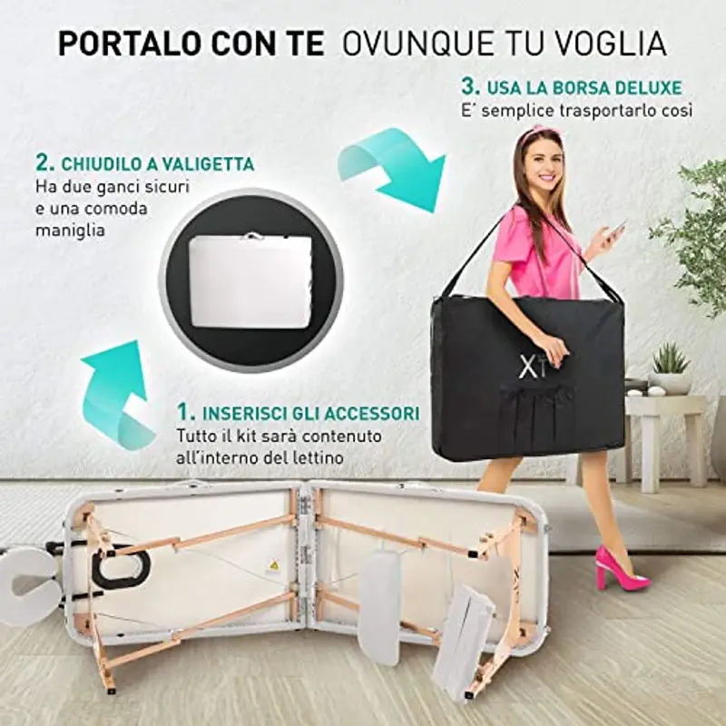 Lettino Massaggio Portatile, in Pelle ‘PU’ ECO di Alta Qualità, XXL 2 Zone, Telaio in Legno, Pieghevole, Cavi in miniatura 3